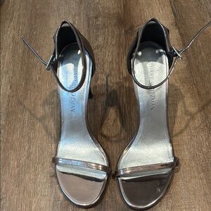 Stuart Weitzman Silver Heels Sleek Metallic Sandals